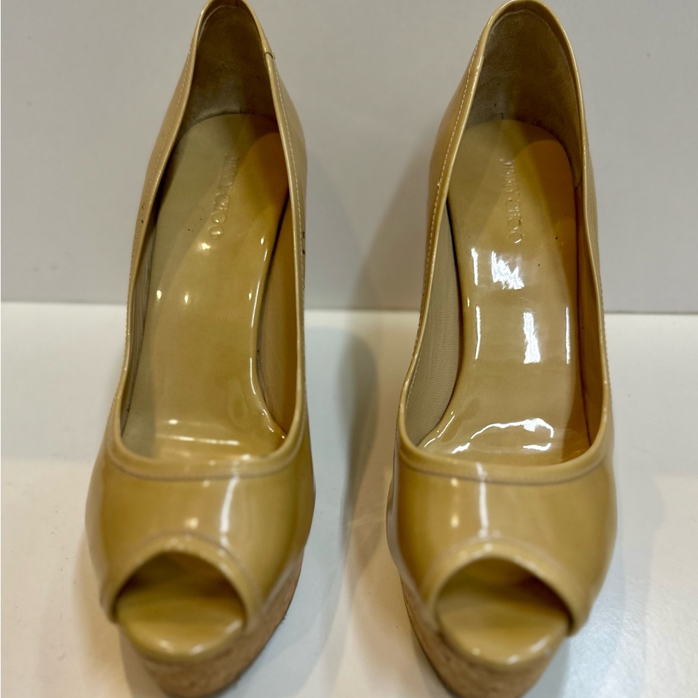 Beige Peep Toe Wedge Heels
